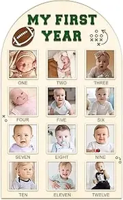 My First Year Photo Board - Baby's First Year Photo Frame 12 Months Milestone Board Football Photo Display Wood Board 1st Birthday Picture Frame Decorations (fits 4" x 4" photo)