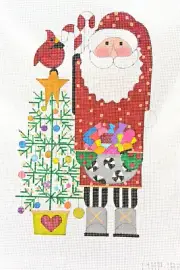 Hand-painted Needlepoint Canvas, Santa with tree & cardinal, 13" mesh, NEW