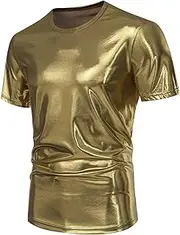 [Generic] Shiny Metallic T-Shirts for Mens Crewneck Short Sleeve Tops Summer Casual Slim Fit Lightweight Party Nightclub Tees
