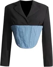 [Zadaos] Women Blazer Zipper Denim Stitched Long Sleeve Short Blazer Coat Ladies Slim Suit Jacket