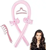 Satin Heatless Hair Curler,Hair Rollers for Heatless Curls with Hair Claw Clip,Soft Rubber Heatless Curling Rod Headband, Adjustable Wavy Curling Hair Kit, for Short & Long Hair (Pink)