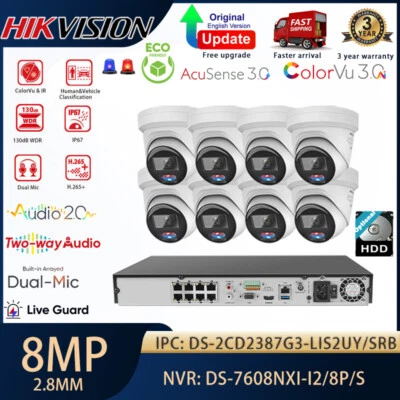 Hikvision 8CH 4K 8MP ColorVu3.0 Hybrid Light Alarm IP Camera Security System Lot