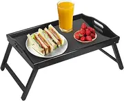 Wooden Breakfast Tray with Carry Hand, Foldable Bed Tray, Small Bed Side Table, Portable Laptop Desk, Suitable for Bedroom Picnic Snack Platter ﻿ (Black)