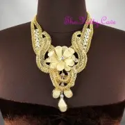 Chunky Gold Deco Metal Lace Floral Flower Mesh Crystal Collar Statement Necklace