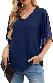 [QIXING] Womens Summer Blouses 3/4 Short Sleeve Shirt V Neck Flowy Ladies Tops for Women UK