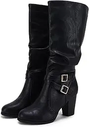 [Ermonn] Womens Mid Knee High Boots Chunky Heel Slouchy Metal Buckle Side Zipper Fashion Winter Shoes