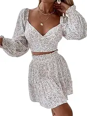 [Floerns] Women's Two Piece Outfit Sweetheart Neck Crop Top and Mini Skirt Set White Multi XS