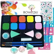 Bowitzki Face Paint Kit With 10 Colors,32 Stencils,2 Brushes,2 Chunky Glitters,2 Sponges,1 Body Glue,Water Based Easy To Remove Face Painting For Kids, Safe Professional Halloween Party Makeup Set