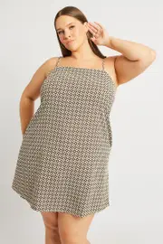Brown Geo Shoestring Strap Minidress