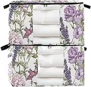 Amooorous Purple Vintage Flowers 60/95 L zippered storage container with Reinforced Handles, clear window bed sheet organizer for Blankets, Comforters, and Clothes