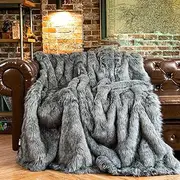 [Battilo] Wolf Faux Fur Blanket, Extra Large Fox Fur Throw Blankets for Couch, Bed, Super Soft, Fluffy, Eelegant, Grey with Black Tips Blanket Reversible to Plush Velvet, (Grey, 152x203cm)
