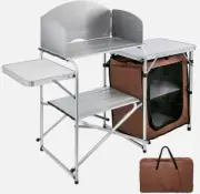 Camping Kitchen Table Picnic Cabinet Folding Cooking Storage Rack Portable Brown
