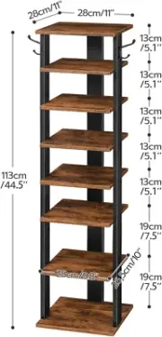 8 Tiers Vertical Shoe Rack, Wooden Shoe Storage Organizer w/ Hooks Rustic Brown