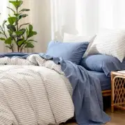 Bedding Sheet Set 100% Washed Cotton Linen Like Textured Breathable King Blue
