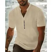 Men's Shirt Popover Shirt Summer Shirt Casual Shirt Beach Shirt Black White Navy Blue Sky Blue khaki Short Sleeve Plain Band Collar Vacation Hawaiian Clothing