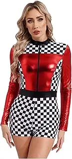 [Miutii] Womens Race Car Driver Fancy Dress Checkerboard Print Boyshorts Jumpsuit Unitard Leotard