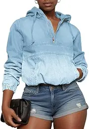 [Aomice] Women's Half Zip Denim Hoodie Pullover Jacket Jean Tops