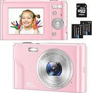 Digital Camera for Teens Kids, 1080P 48MP Kids Camera with 32GB SD Card, 2.4 Inch LCD Screen Kids Digital Camera with 16X Digital Zoom, Compact Kid Camera for Kids Girls Boys Adults Beginners (Pink)