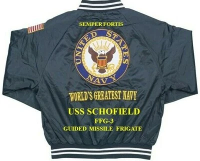 USS SCHOFIELD FFG-3 MISSILE FRIGATE EMBROIDERED SATIN JACKET(BACK ONLY)