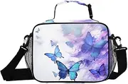 Blue Butterflies White Insulated Lunch Box for Women Men - Ideal for Work, Picnics - Includes Adjustable Shoulder Strap