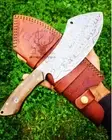 Handmade Damascus Steel 7 in Meat Chopper Cleaver Butcher knife w Leather sheath