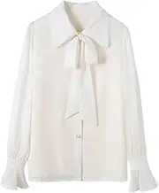[Generic] Women's Long Sleeve Turn Down Collar Shirt Lace-Up Chiffon Shirt Office Ladies Apricot Blouse