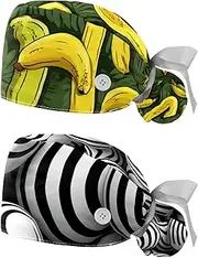 [YTYVAGT] 2-Pc,Nurse Scrub Caps,Scrub Hats with Buttons and Cotton Sweatband,Bananas Fruit Yellow Green