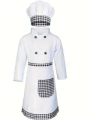 Chef Uniform Cooking Kids Top Apron Hat Checkered Black Boys Girls Costume Set