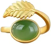 [Lllunimon] Natural Hetian Jade Ring for Women, Dainty Lucky Green Jade Rings Leaf Open Adjustable Rings Handmade Statement Rings for Mom Wife Girls