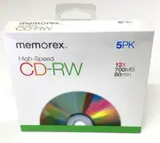 New, Memorex High Speed CD-RW Discs. 5-Pack. 12x /700MB/80 Minute, Free Shipping