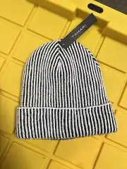 Tahari Brioche Knit Beanie with cuff and plush lining black/white stripe NWT