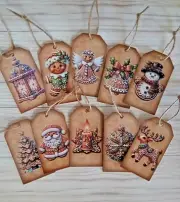 10 CHRISTMAS GIFT TAGS WITH STRINGS~2 1/2 X 1 1/2 INCHES~ SNOWMAN~SANTA~CANDLE