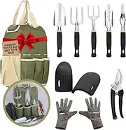 Botana Garden Tools Set 9-Piece – Heavy Duty Aluminum Gardening Supplies, Ergonomic Handles, Multi-Pocket Tote Bag, Pruning Shears, Knee Support Pads, Gloves, Ideal for Planting & Weeding, Green/Beige