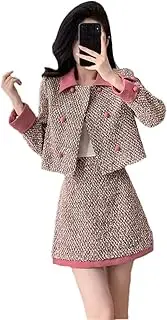 [Generic] Women's Woolen Jacket Skirt Set Elegant Hit Color Tweed 2Piece Suit