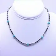 Kingman 6mm Turquoise and Sterling Silver Navajo Pearl Gemstone Beaded Necklace
