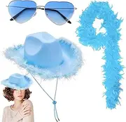 [POCHY] Pink Cowboy Hat Cowgirl Hat Cowboy Hats Feather Boa and Heart Glasses for Women Men for Cosplay Halloween Masquerade Fancy Dress-Up Accessories