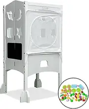 Ekkio Folding Kitchen Kids Step Stool with Chalkboard, Non-Slip Pad, Foldable Design, Saturn, Moon, Square and Star Shape, Safe and Convenient, Includes Play Food Toy Set, White