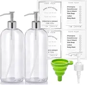 Refillable 32oz Dispenser Bottle 2pack with Steel Pumps, 1 Liter Crystal Clear Multi-Use Empty Container with Funnel for Shampoo, Conditioner, Body Wash, Liquid Hand Soap, Lotion