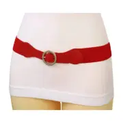 Women Red Fabric Elastic Skinny Slim Style Belt Gold Circle Metal Buckle Fit S M