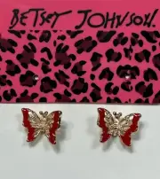 Betsey Johnson Gold Plated Red Enamel Butterfly Stud Earrings NWT