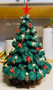 Ceramic Christmas Tree,hand Made ,Red, Clear Birds , Pine Cone Painted On Branch