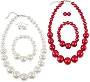 Imitation Pearl Jewellery Set, Saijer 2 Sets Temperament Necklace, Bridal Jewellery Sets, Imitation Pearl Necklace, Bracelet, Earrings for Wedding, Events, Party, Jewellery, Gifts, Red and White, ABS