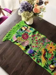 Table Runner Green tone, with Peacocks flowers multicolor hand-embroidered