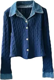 [Generic] Women's Knitted Cardigan Patchwork Denim Fake 2 Pcs Slim Turn-Down Collar Stretch Sweater