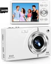 Digital Camera 4K with 64MP & 16X Digital Zoom - Autofocus Vlogging Camera with Anti-Shake, 64GB SD Card Included | Compact Travel Camera for YouTube Beginners, Teens & Adults (White)