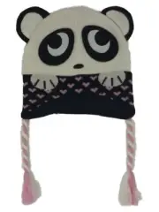 Girls Black & White Panda Bear Heart Peruvian Style Critter Trapper Hat