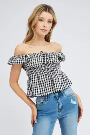 Check Peplum Top Short Sleeve Gathered Bust - Size 14, Women's Peplum