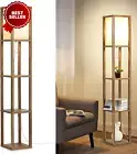 Modern Shelf Floor Lamp with Fabric Shade, Wood Finish, Corner Display Lamp with
