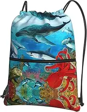 EdWal Dolphins Sea Turtle Shark Octopus Coral Reef Print Drawstring Backpack Gym Bags Sports Bags With Zipper Pocket For Travel Beach, Black, One Size