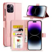 For Apple iPhone 14 Pro Max Case RFID Blocking Retro Flip Premium Leather Card Holder Wallet Cover – (Rose Gold)